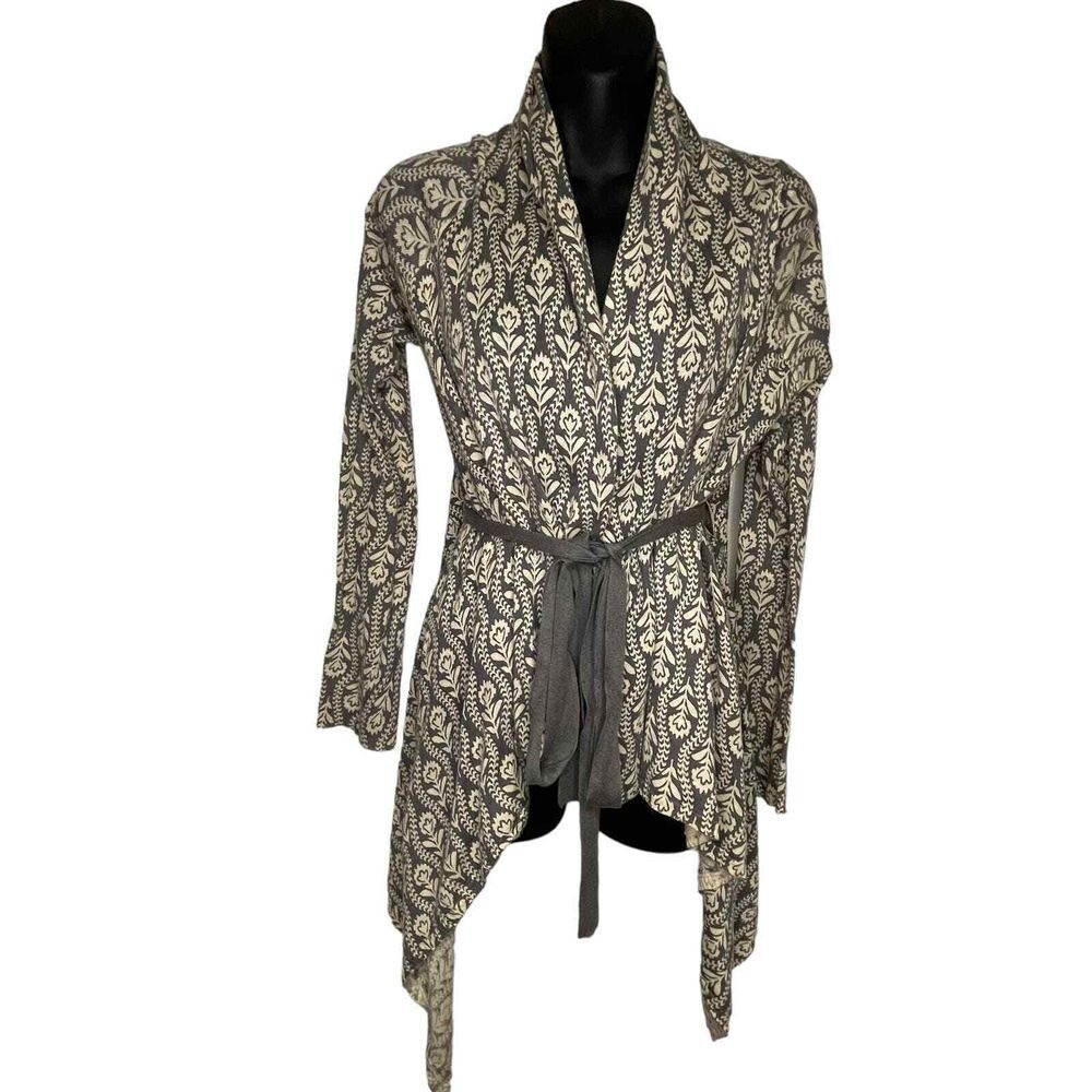 Field Flower Anthropologie Gray Floral Damask Wrap Cardigan Tie Waist Small